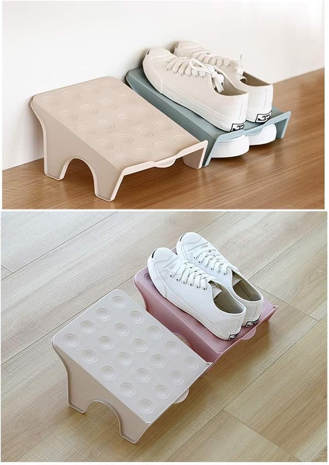 4 Pcs Stacking Shoe Organizer for Shelf 10 x 8.7 in – Double Layer Space Saving Shoe Dividers for Shelves – Footwear Riser for Heels Under 4.7", Sneakers & Flats Storage for Small Closets, Dorms, Apts