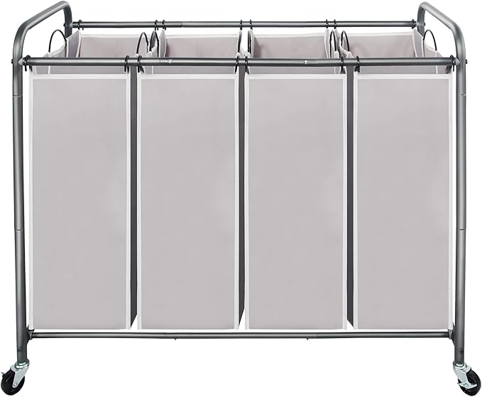 STO STO Laundry Sorter 4 Section, 4 Bag Clothes Hamper, Rolling Laundry Cart Basket with Heavy Duty Lockable Wheels and Removable Bag for Laundry Room, Bedroom, Closet, Gray