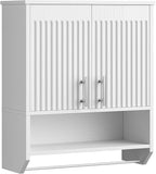 HOOBRO Fluted Bathroom Wall Cabinet, Farmhouse Medicine Cabinet with 2 Fluted Doors, Wall Storage Shelf with Towel Rack, Adjustable Shelf, for Small Spaces, Bathroom, Kitchen, White