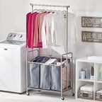 mDesign Portable Laundry Sorter with Wheels and Garment Hanging Bar - Heavy Duty Metal Cart System with 3 Hamper Laundry Sorter Basket Organizers and Drying Rack - Satin/Dark Charcoal Gray
