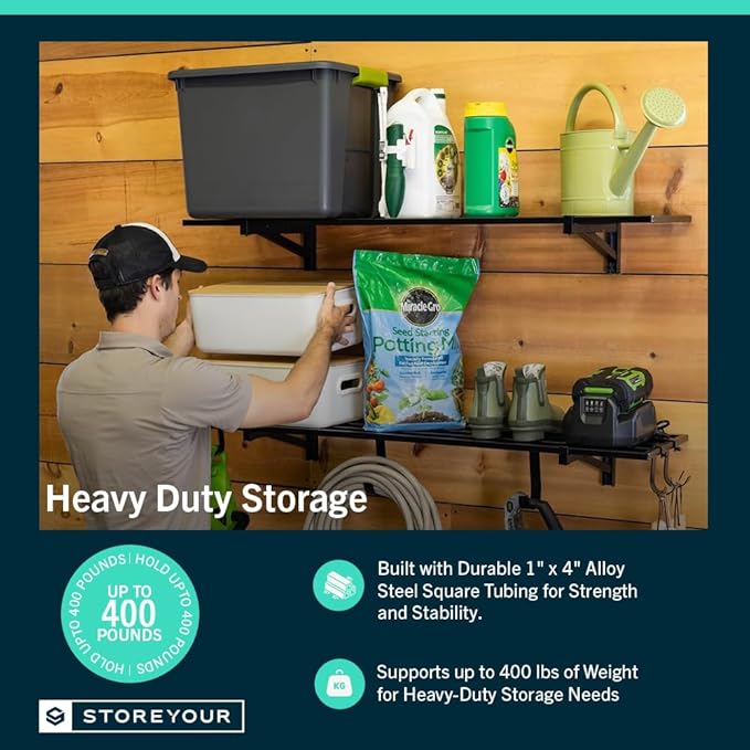 StoreYourBoard Heavy Duty Garage Shelf Wall Mount 1ft x 4ft – Wall-Mounted Shelving for Storage & Organization – Heavy Duty Garage Shelves for Tools, Bins, & Equipment – Holds 400 lbs – Black