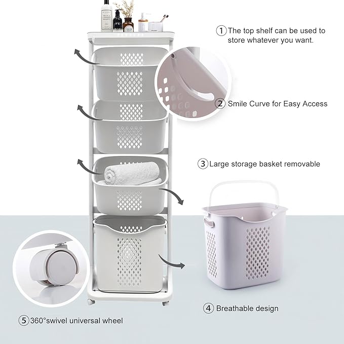 4-Tier Rolling Tiered Laundry Basket Organizer,Vertical Laundry Sorter with Wheels,Stacked Basket Holder for Bathroom & Laundry Room, White (54 Inch)