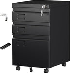 Aobabo 3 Drawer Metal File Cabinet with Lock, Heavy Duty Under Desk Rolling Filing Cabinet for Home Office Organizer, Mobile Pedestal with 5 Wheels for Letter and Legal Size, Black,Required Assembly