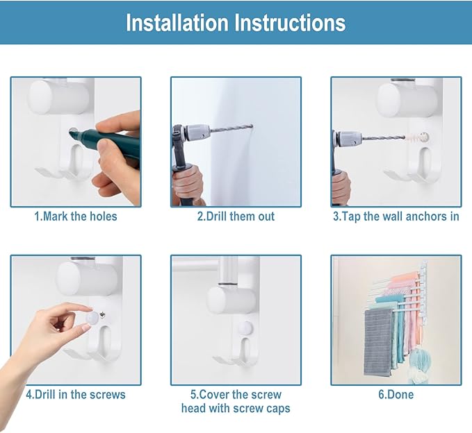 6-Arm Stainless Steel Swivel Towel Rack with Hook: Wall-Mounted, Rustproof Space-Saver for Bathroom & Kitchen-180° Rotation, 14kg Capacity(White)