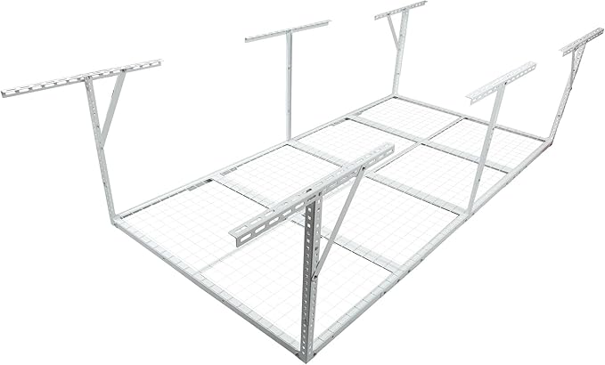 3 X 8 FT Garage Ceiling Storage Racks, Heavy Duty Overhead Garage Storages Rack with Adjustable Hight, Metal Hanging Garages Storage Rack with Support Rod, 22''- 40" Adjustable, 600 LBS (White, 3x8FT)