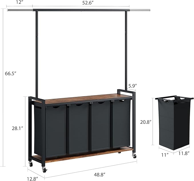 4-Section Rolling Laundry Sorter Hamper with Hanging Rack, Shelf, and Lockable Wheels, 4 x 11.7 gal (44.3L) Basket Organizer and Folding Station for Bedroom or Bathroom