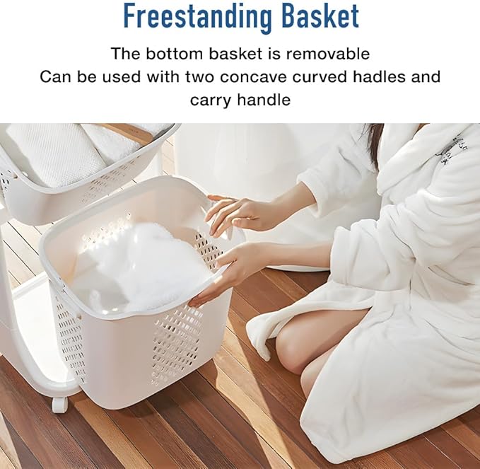 Japard 83 Litres Rolling Laundry Hamper Ultra Slim, Vertical 3 Sorter Cart with Wheels and Breaks, 3-tier Baskets Detachable for Dorm, Closet, Easy Assembly White Gray