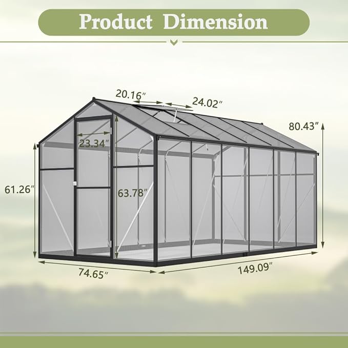 Heavy-Duty Polycarbonate Greenhouse with Double Flush Door, Rain Gutter & Adjustable Ventilation Window for Garden, Backyard or Sunroom Use (6x12 FT)