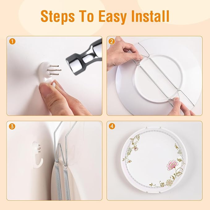 Bilillo 4 Pack Plate Hangers for The Wall, Suitable for 9-11 inch Art Plate, Stainless Steel Invisible Heavy Duty Wire Plate Holder with Wall Hooks, Plate Hangers for Displaying Plates, Silver