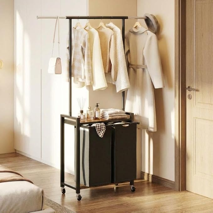 IDEALHOUSE Laundry Sorter 2 Section with Hanging Rack,Rolling Laundry Sorter Hamper with Shelf & Lockable Wheels,Laundry Basket Organizer for Laundry Room, Bedroom, Bathroom