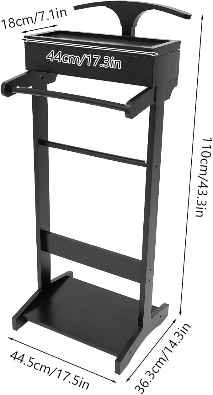 Wood Suit Rack Valet Stand for Men and Women, Freestanding Clothing Rack Organizer with Drawer & Base Vertical Suit Valet Stand for Hats, Bags, Clothes 22 lbs Capacity (Black)