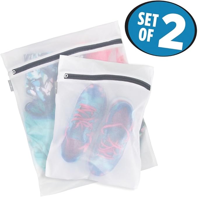 iDesign Mesh Laundry Bags with Built in Zipper for Cleaning Delicates– Set of 2, 1 Medium and 1 Large Bag, White