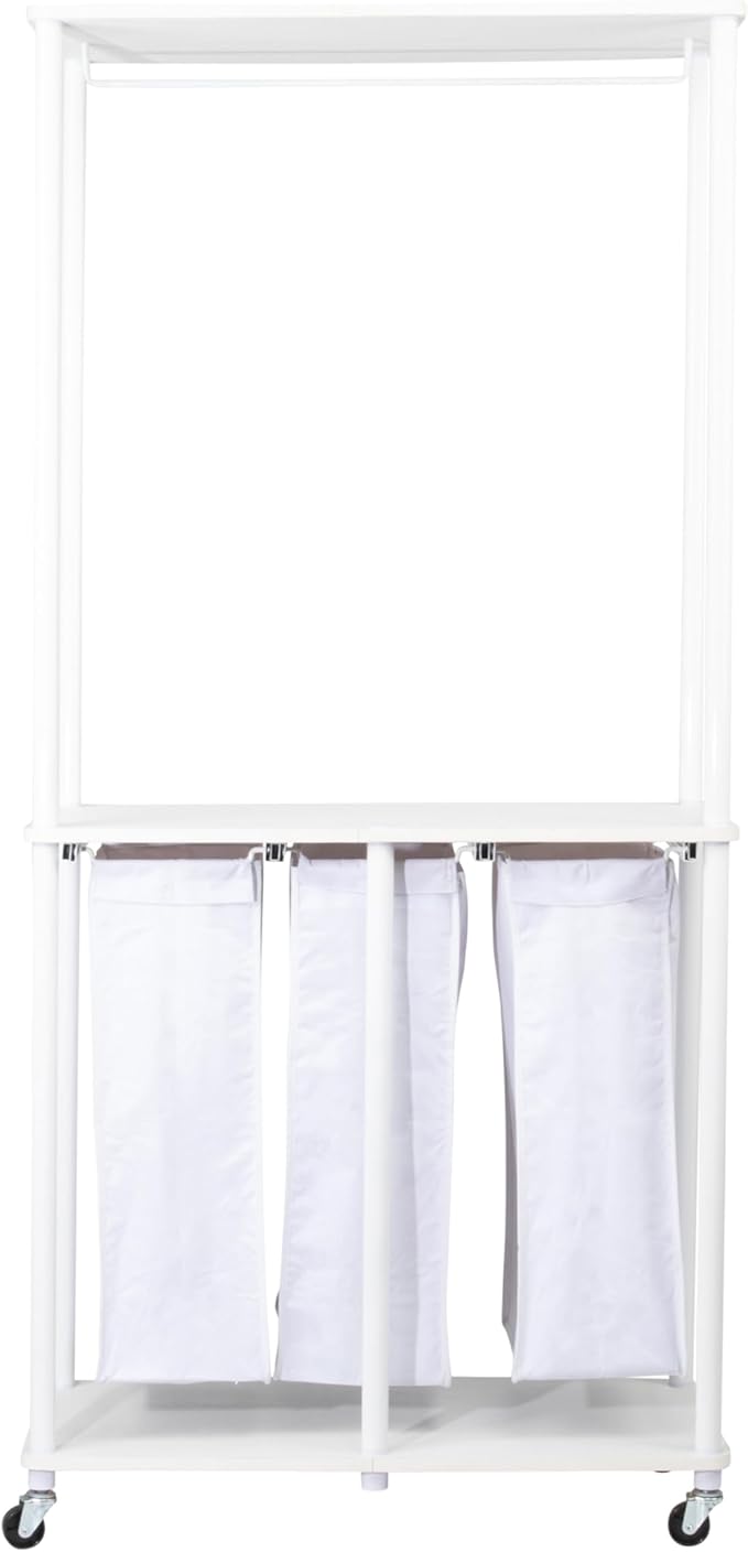 Household Essentials 3-Bag Laundry Center, Smooth Laminate Shelving, Sturdy Steel Frame, White