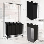 LUCKUP Laundry Sorter 4 Sections with Hanging Bar, 4 Bags Laundry Hamper Rolling Laundry Basket Cart with Lockable Wheels for Laundry Room Bathroom Bedroom, Black