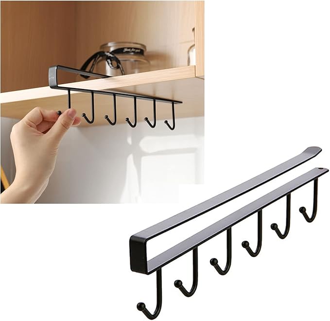 1 Pack Hanging Hooks Rack Under Cupboard Cabinet Cup Holder 6 Hooks Drilling Free Coffee Mug Holder Kitchen Utensil Storage Organizer Hook Rack (Black)