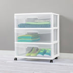 Sterilite Wide 3 Drawer Storage with Wheels, Plastic Rolling Organization Cart, White Frame
