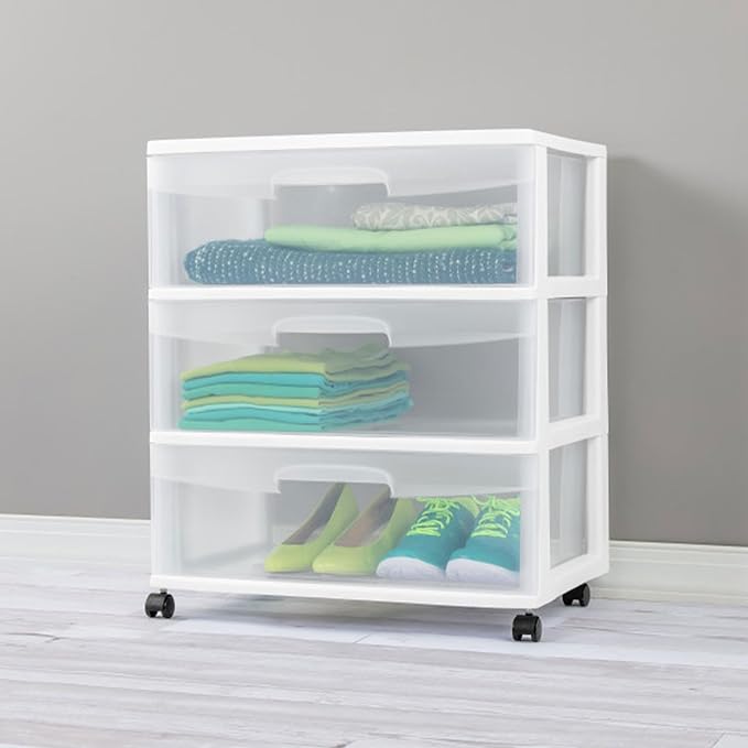 Sterilite Wide 3 Drawer Storage with Wheels, Plastic Rolling Organization Cart, White Frame