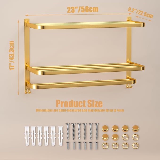 DDS-DUDES 23 Inch 3-Tier Gold Towel Racks for Bathroom with Towel Bars Multilayer Hotel Towel Shelf Stainless Steel Wall-Mounted Brushed Finish Holder with Towel Shelves