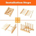 4 Pcs Bamboo Wooden Dish Rack, Plate Organizer for Cabinet Space Saver and Kitchen Counter, Bowl/Cup/Pot Lid/Cutting Board Drying Holder (4 Slots)