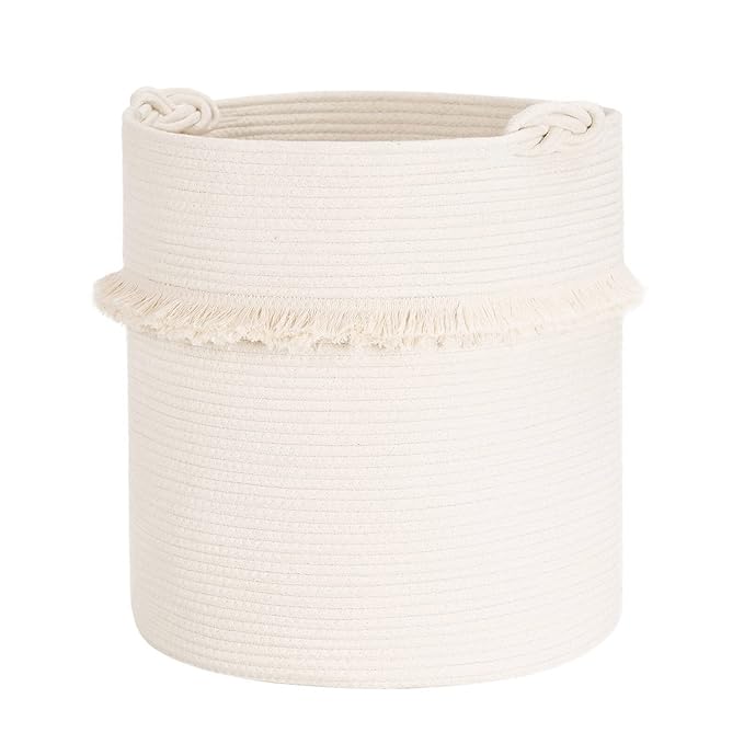 CherryNow Extra Large Woven Storage Baskets – 17'' x 16'' Cotton Rope Decorative Hamper for Magazine, Toys, Blankets, and Laundry, Cute Tassel Nursery Decor - Home Storage Container Off-white