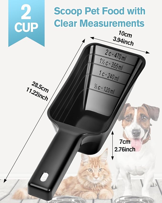 2 Cup Dog Food Scoop(2 Pack), Plastic Pet Food Scoop with Measuring Lines for Accurate Pet Food Portions,Dishwasher Safe (Black and Pink)