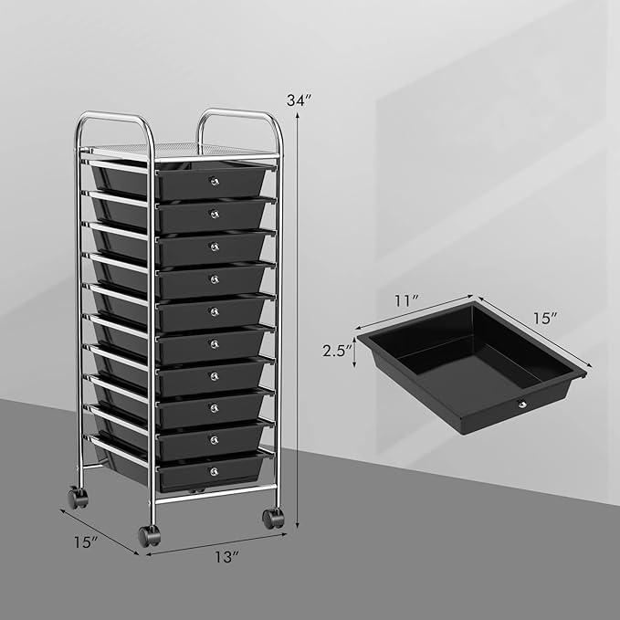 Storage Cart, Rolling Utility Cart with 10 Drawers, Portable Handles & Lockable Wheels, Mobile Paper Toys Storage Organizer Large Capacity for Home Office School Teacher (Black)