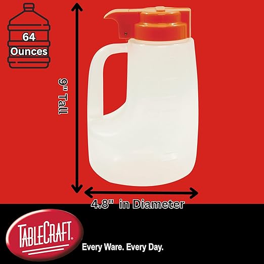 TableCraft PP64X Option Dispenser, 64 oz., 5-3/4" x 6-3/4" x 9", Graduated Markings, Dishwasher Safe, clarified Polypropylene, Plastic lid, Orange, BPA Free, Made in USA