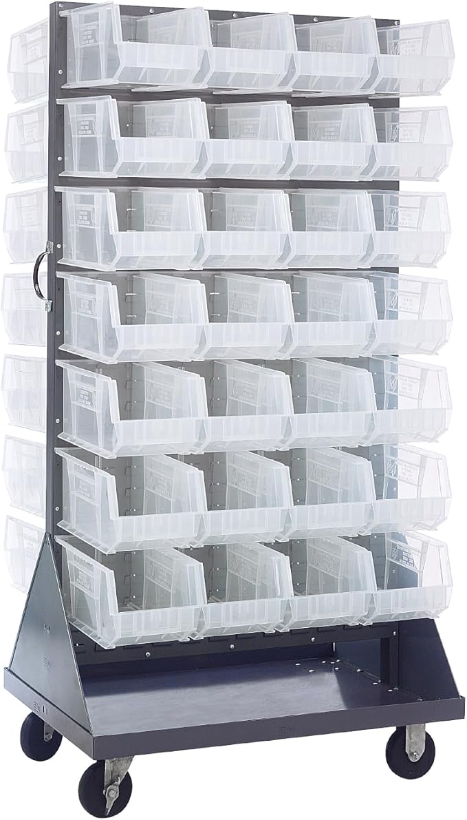 Quantum Storage Systems QMD-36H-240CL Mobile Double Sided Gray Louvered Rack System with Bins, 36” L x 25” W 72” H, Clear