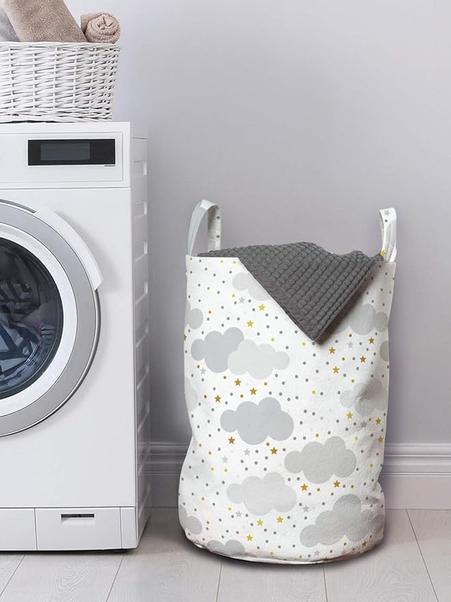 Ambesonne Clouds Laundry Bag, Themed Pattern with Dreamy Sky with Dots and Stars, Hamper Basket with Handles Drawstring Closure for Laundromats, 13" x 19", Grey Coffee