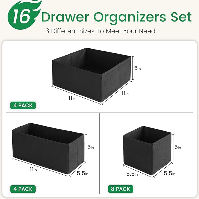 Criusia 16 Pack Underwear Drawer Organizer, Drawer Organizer Clothes, Foldable Cloth Storage Box Closet Dresser Drawer Divider Organizer for Clothes, Scarves (Black)