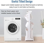 Japard 83 Litres Rolling Laundry Hamper Ultra Slim, Vertical 3 Sorter Cart with Wheels and Breaks, 3-tier Baskets Detachable for Dorm, Closet, Easy Assembly White Gray