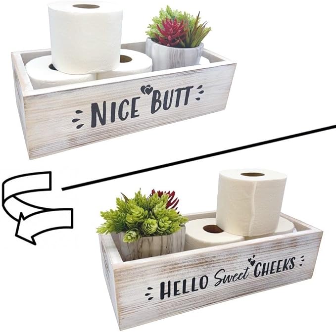 Admired By Nature Distressed Decorative Home Décor Nesting Organizer Wooden Rectangle Gift Wood Crates, Rustic White Storage Container for Bathrooms 'Nice Butt Hello Sweet Cheeks' Phrase
