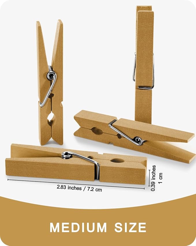 Colored Clothespins, Colorful Clothes Pins Wooden Clips Rainbow Colors 50 Pack Decorative Crafts Pegs Photos Pictures Decoration Clip Clothing Hanging Closepins, 2.83 Inch (Gold)