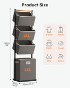 SOLEDI 4 Section Laundry Hamper Sorter, Stackable Laundry Basket Organizer with Removable Basket, 125L 4-Tier Vertical Laundry Sorter for Small Space, Laundry Room, Dorm, Bathroom, Wardrobe Grey