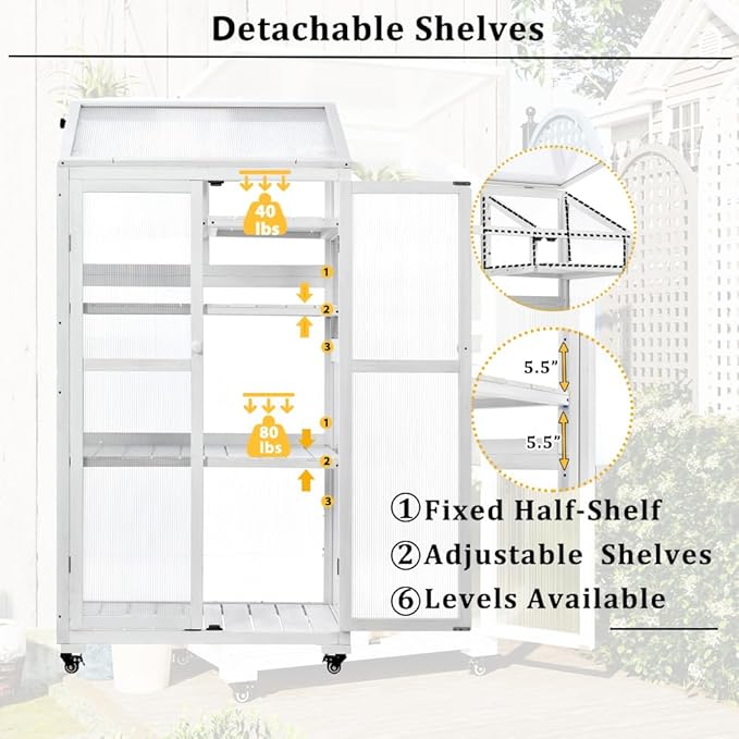 Sturdy Wooden Greenhouse for Balcony or Backyard Use with Rolling Wheels and Adjustable Shelving for Plant Growing (White + Solid Wood + Wood)