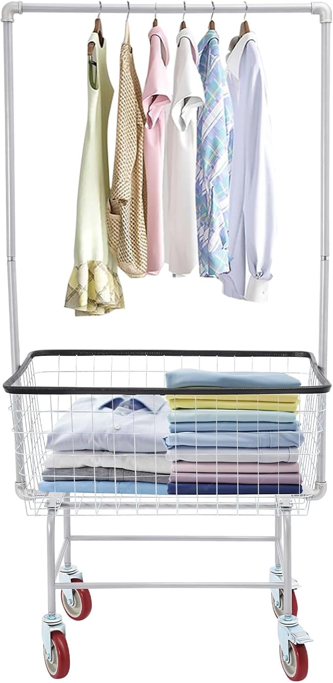Heavy Duty Laundry Cart with Wheels & Hanging Rack - 110lbs Large Rolling Laundry Hamper Basket for Home, Bathroom, Commercial Use