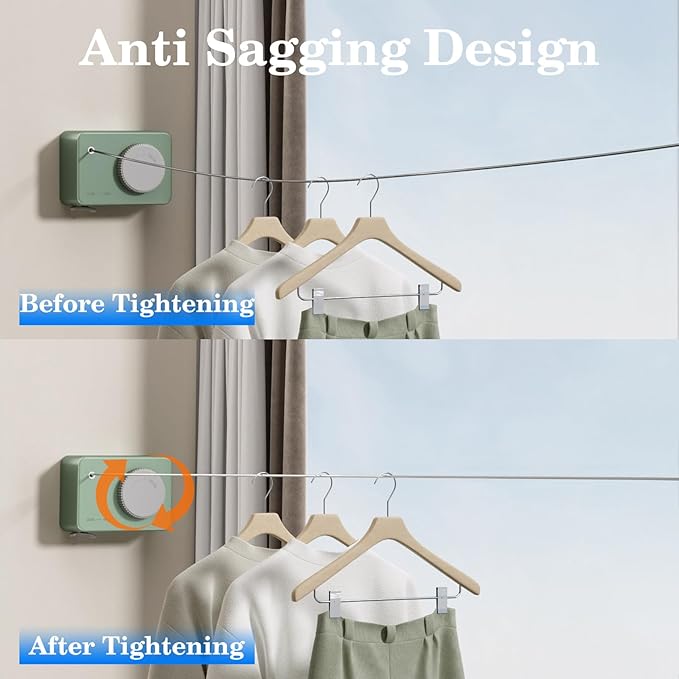Danpoo Retractable Clothesline for Indoor/Outdoor Use - Adjustable 13.8ft Rust-Resistant Clothes Drying Line with Anti-Sag Function, Compact Design for Apartments, RV, Balcony & Laundry