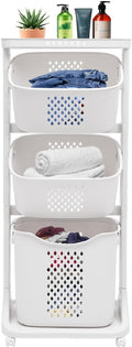 3-Tier Laundry Hamper Basket Sorter with Wheels Plastic Rolling Laundry Sorter with Removable Storage Basket Dirty Clothes Hamper Shelf Rolling Cart for Kitchen Bathroom Laundry Room, White