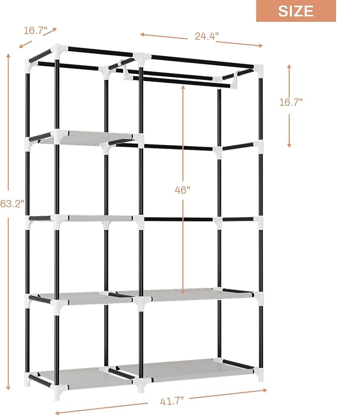 VTRIN Wardrobe Closet, 41.7 Inch Wide Portable Closets for Hanging Clothes with 1 Hanging Rod, 6 Shelves, 6 Pockets, Clothes Rack with Cover Portable Wardrobe Closet for Bedroom, Dorm, White