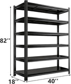 Adjustable 6-Tier Garage Shelving, Heavy Duty Steel Storage Rack, High Load Capacity, Ideal for Garage, Warehouse, or Home Organization (6-Tier 82" H x 40" W x 18" D)