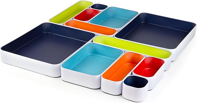 Three by Three Seattle 12 Piece Metal Organizer Tray Set for Storing Makeup, Stationery, Utensils, and More in Office Desk, Kitchen and Bathroom Drawers (Classic Colors)
