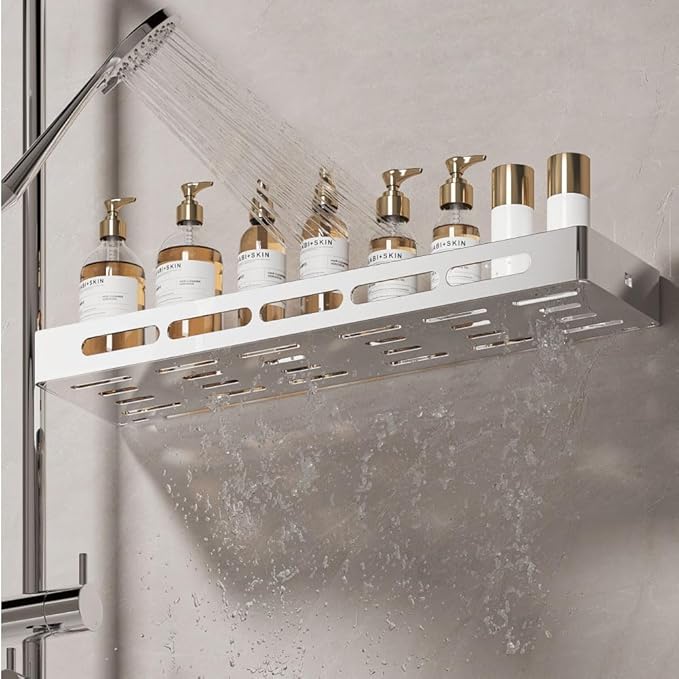 2-Tier Floating Shelf with Removable Hooks, 23.6 inches, Stainless Steel Wall Mounted Bathroom Shelves，Polishing