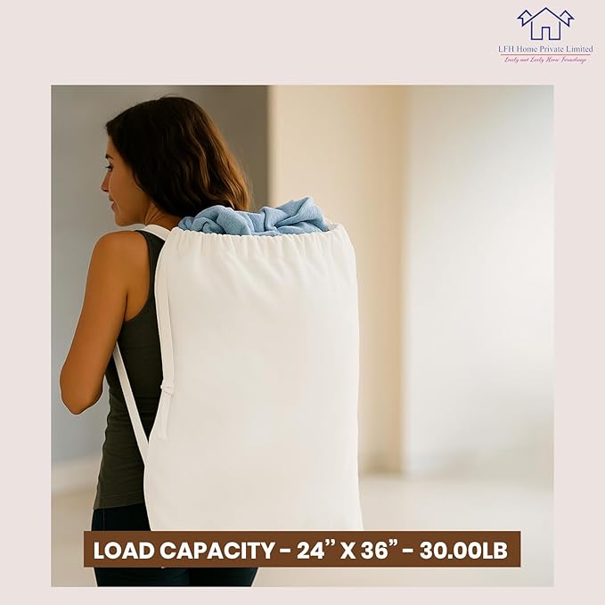 LFH Home Cotton Canvas Extra Large Laundry Bag with Handle, Stylish Drawstring Heavy Duty Laundry Bags For Travel, Home, Hotel, College Dorm and Camp Storage Bag 24x36 Inch, White