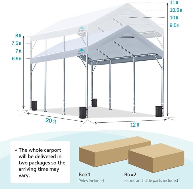 ADVANCE OUTDOOR 12x20 ft Canopy Garage Heavy Duty Carport Car Boat Shelter Party Tent, Adjustable Peak Height from 9.5ft to 11ft, White