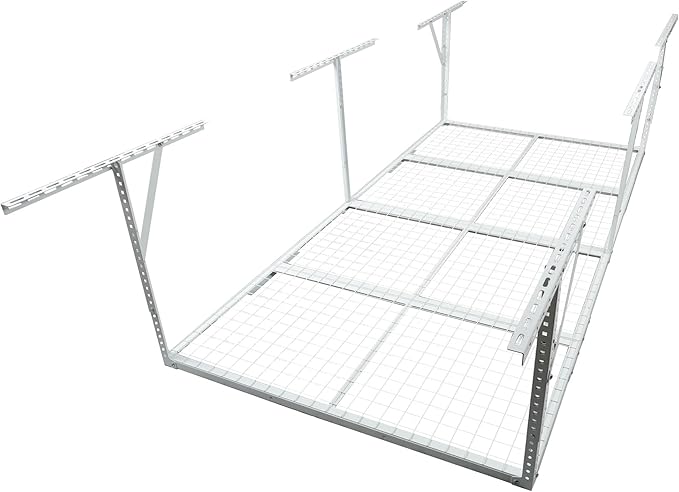 4 X 8 FT Garage Ceiling Storage Racks, Heavy Duty Overhead Garage Storages Rack with Adjustable Hight, Metal Hanging Garages Storage Rack with Support Rod, 22''- 40" Adjustable, 600 LBS (White, 4x8FT)