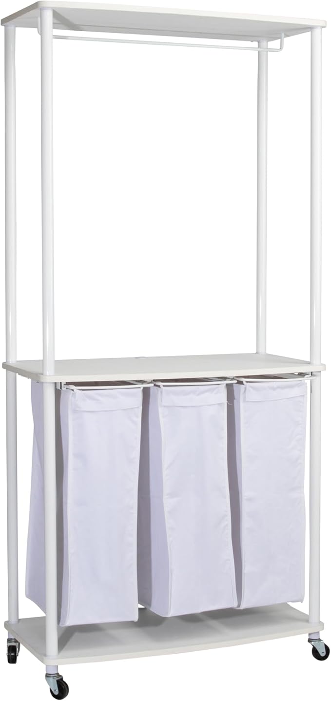 Household Essentials 3-Bag Laundry Center, Smooth Laminate Shelving, Sturdy Steel Frame, White