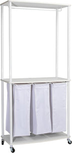 Household Essentials 3-Bag Laundry Center, Smooth Laminate Shelving, Sturdy Steel Frame, White