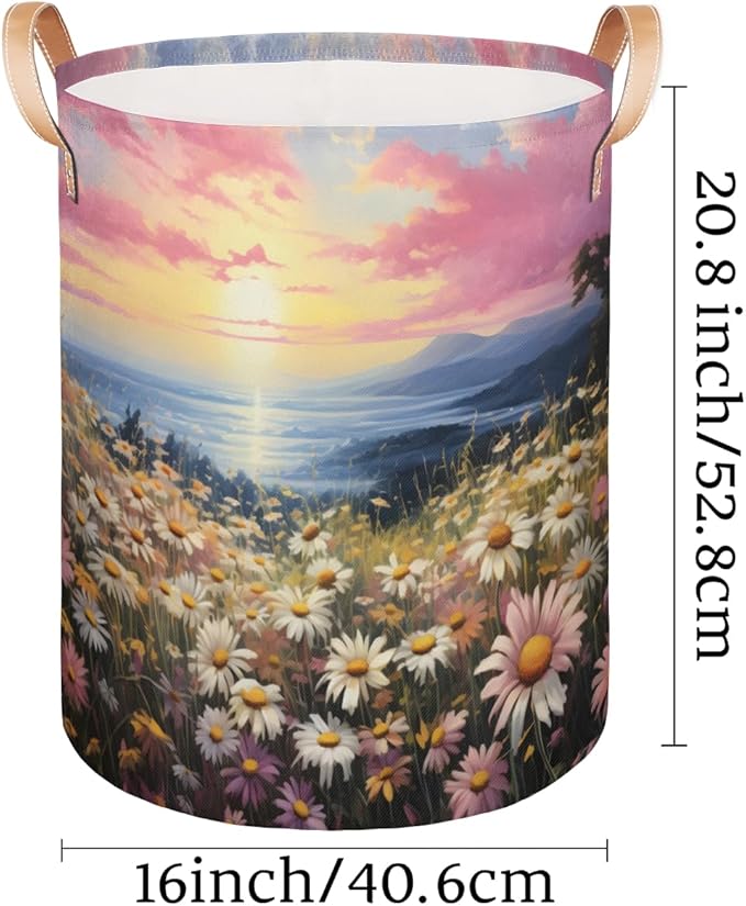 Spring Daisy Floral Collapsible Laundry Basket Large Laundry Hamper Waterproof Foldable Storage Bins Laundry Basket with Leather Handles Clothes Nursery Hampers