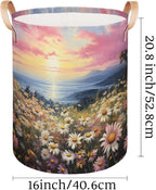 Spring Daisy Floral Collapsible Laundry Basket Large Laundry Hamper Waterproof Foldable Storage Bins Laundry Basket with Leather Handles Clothes Nursery Hampers