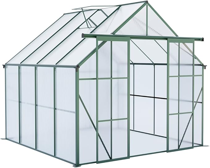 Double Sliding Door Polycarbonate Greenhouse with Rain Gutter and Roof Vent, Raised Base and Anchor Aluminum Heavy Duty Walk-in Green House, Outdoor Patio Sunroom (Green, 97.75*94.5*89.5in)